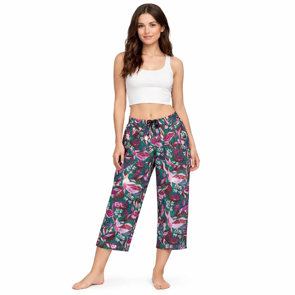 Cynthia Rowley 100% Cropped Linen Pants Size Large Purple Pink Floral Wide Leg